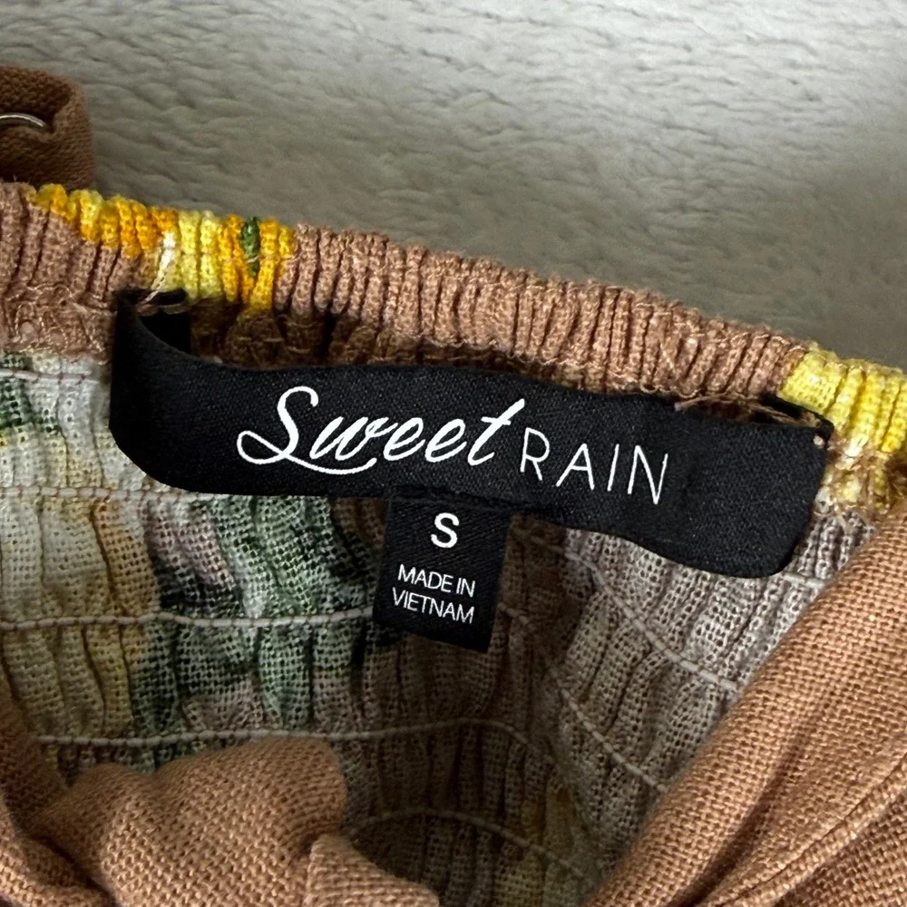 Sweet Rain Lemon Print Linen Blend Tie Front Mini Dress Tan Yellow Small - Picture 2 of 13